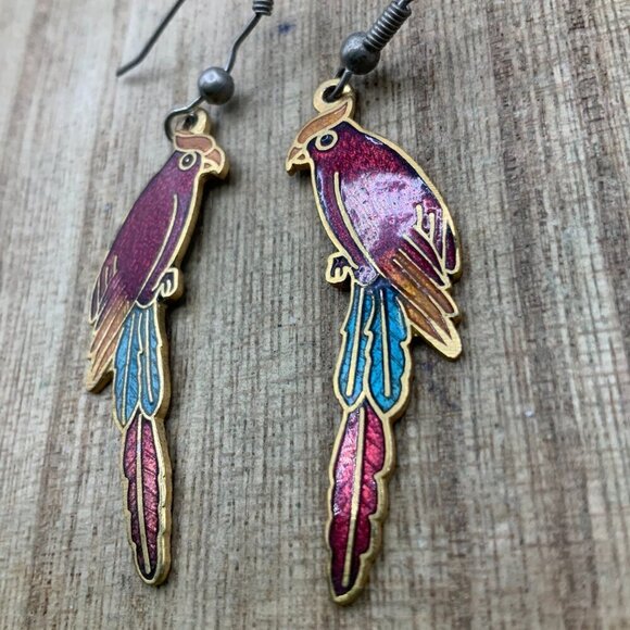 Cloisonne Parrot Vintage Multi Colored Gold Tone Dangling Earrings - Picture 6 of 6